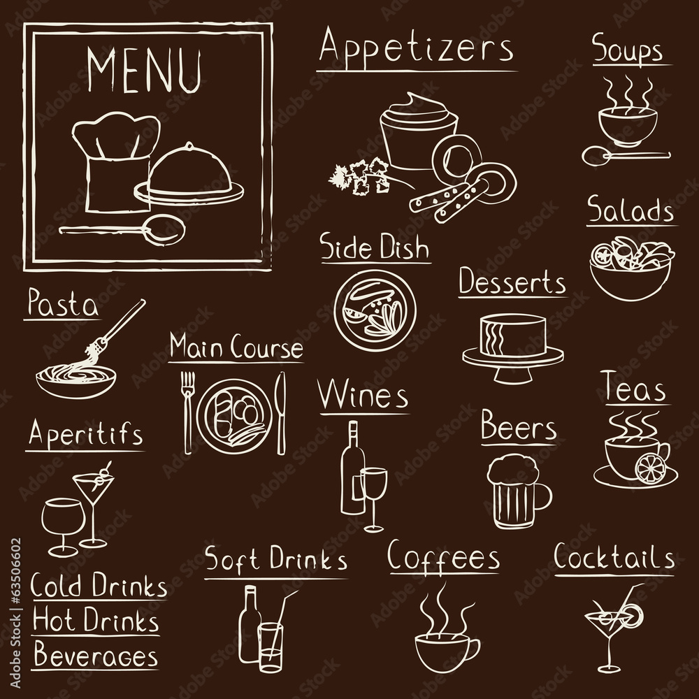 Hand drawn restaurant menu design elements on blackboard