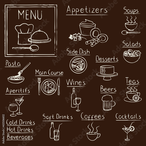 Hand drawn restaurant menu design elements on blackboard