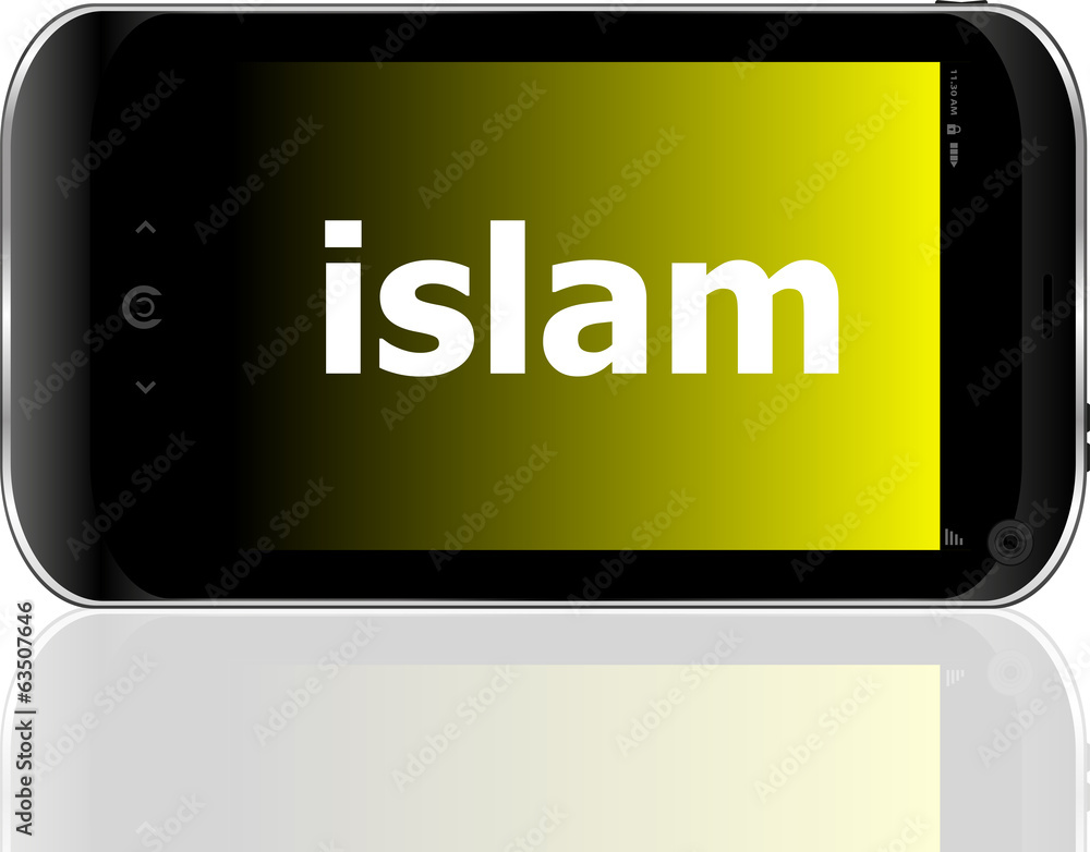 islam word on smart mobile phone, social concept islam word on smart mobile phone, social concept