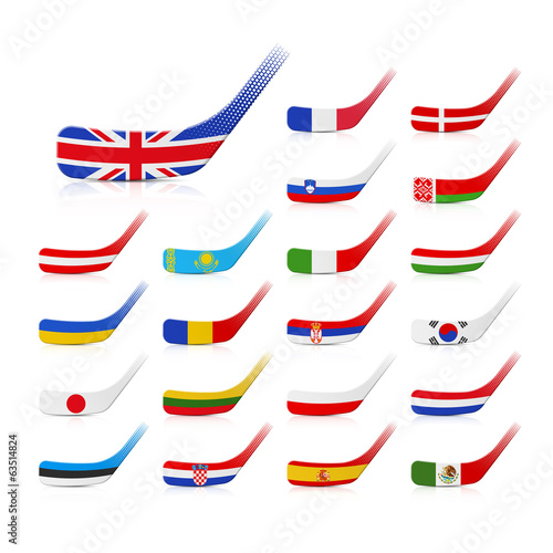 Ice hockey sticks with flags