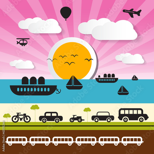 Vector Transportation Icons on Landscape Background