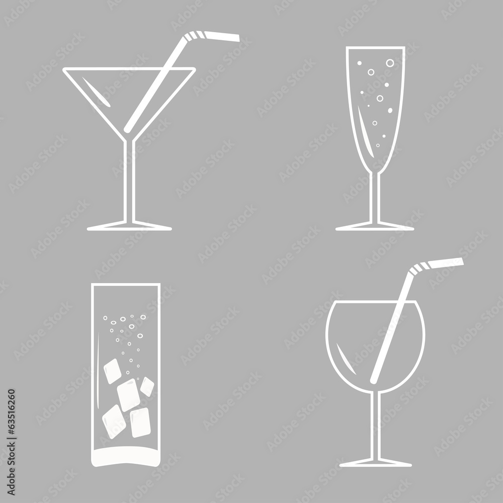 Drinks, cocktails. White icon set in flat design style. Drinks, cocktails. White icon set in flat design style.