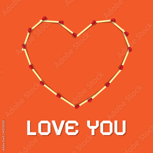 I Love You Theme, Safety Matches Heart on Orange Background