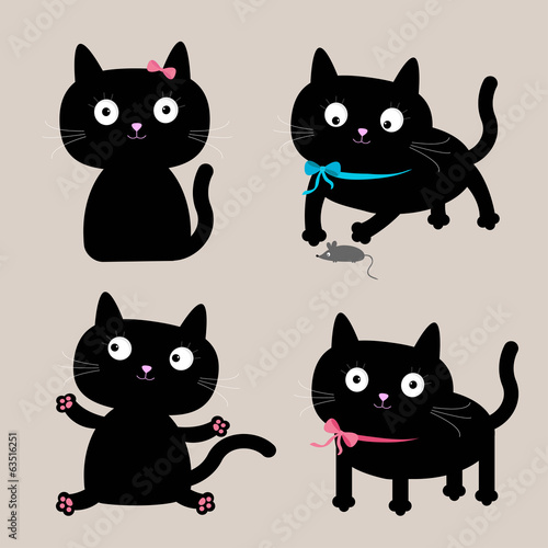 Cute cartoon black cat set. Funny collection.