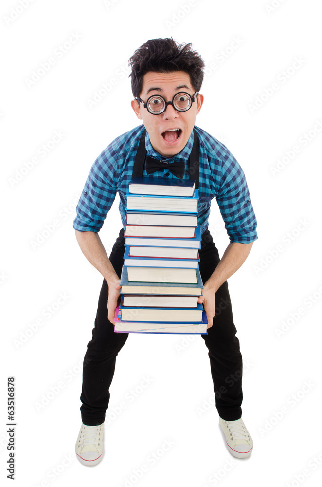 Funny student with books on white