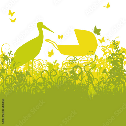Storch und Kinderwagen im verwunschenen Garten
