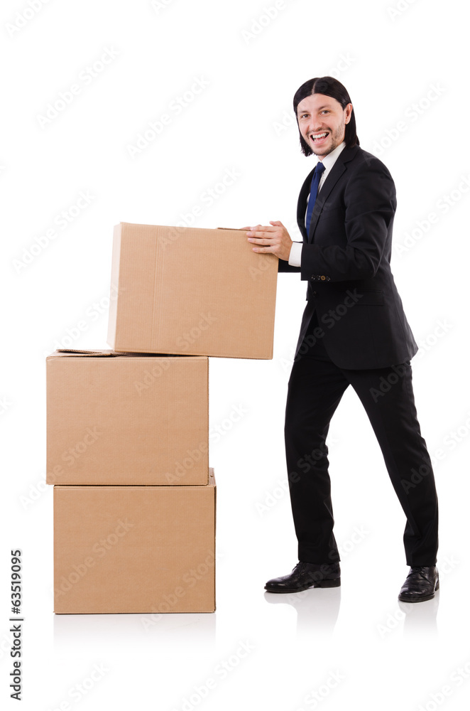 Funny man with boxes on white Funny man with boxes on white