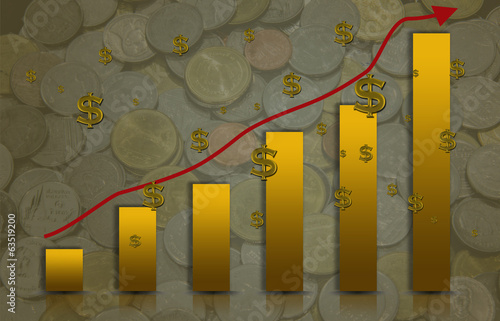 Yellow bar-Graph up and arrow with Coin is a background