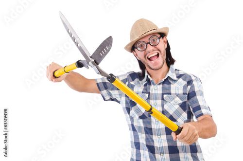 Funny guy with garden shears on white