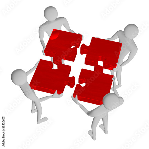3d people assembling red puzzle