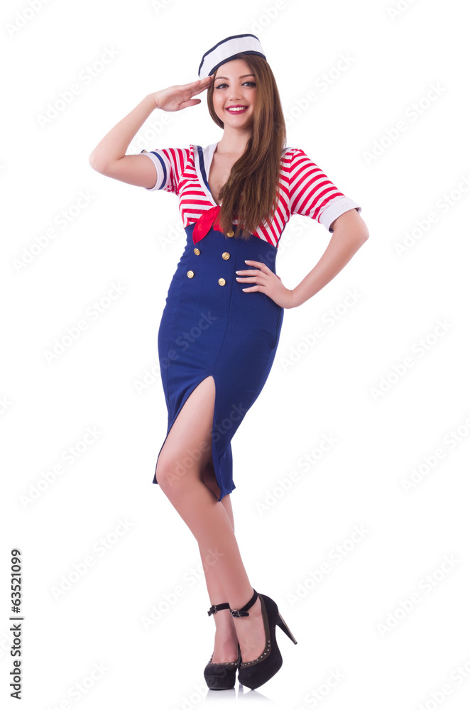 Young airhostess saluting isolated on white