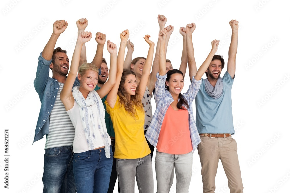Group of casual happy young people raising hands Group of casual happy young people raising hands