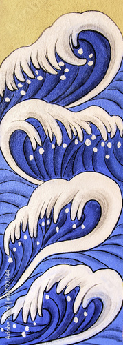 painting in Chinese temple, blue wave pattern