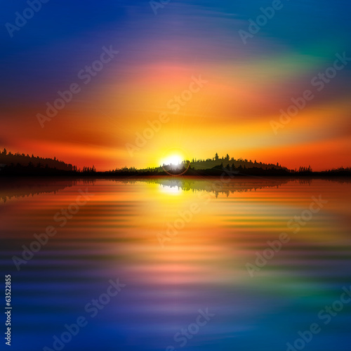 abstract nature sunrise background with forest lake