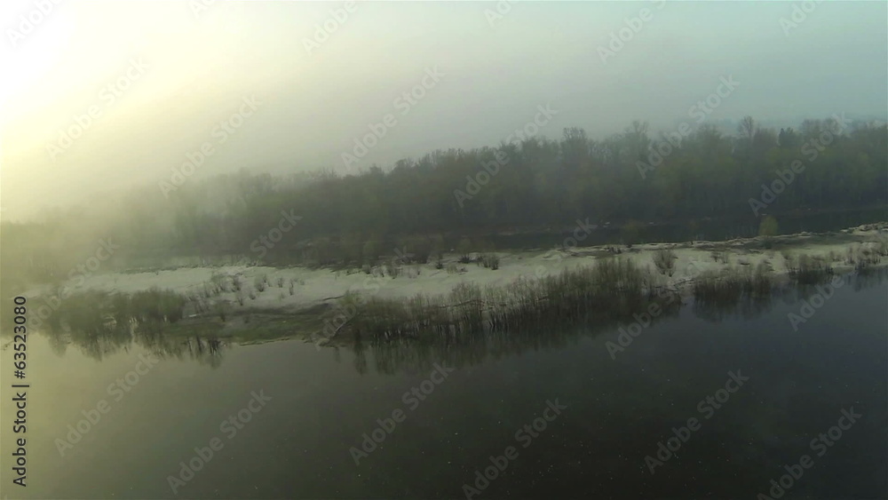 Up and flight over morning river with fog .Aerial Up and flight over morning river with fog .Aerial