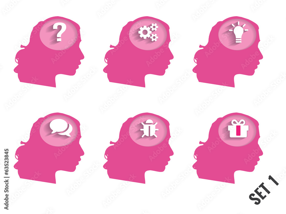 Silhouettes of women's heads with different objects. Set 1. Silhouettes of women's heads with different objects. Set 1.