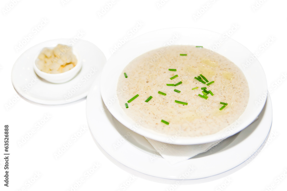 Cream soup, greens and croutons, restaurant menu Cream soup, greens and croutons, restaurant menu