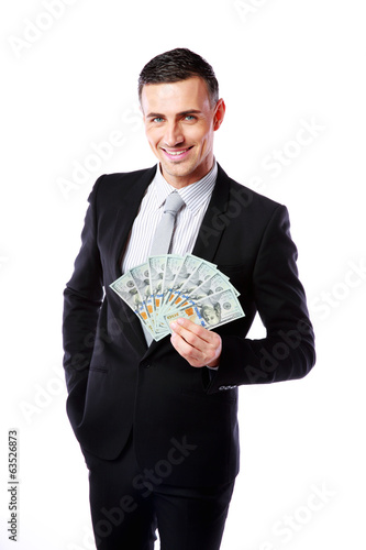 Happy businessman holding US dollars