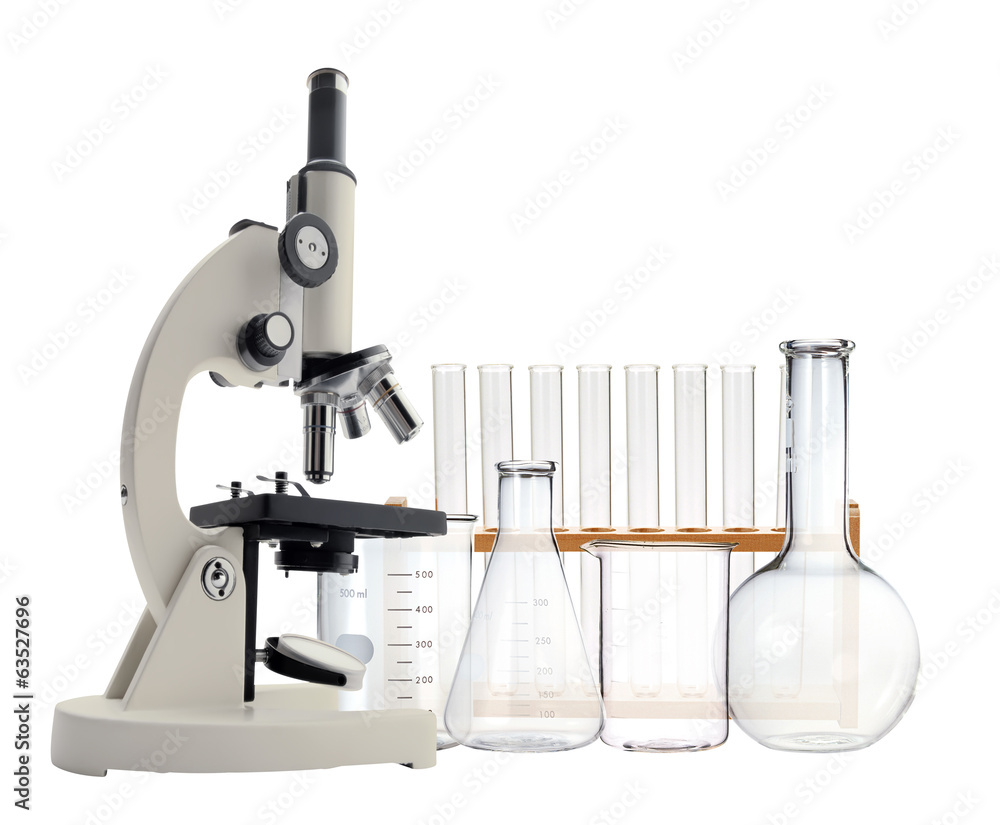 Laboratory metal microscope and test tubes with liquid isolated Laboratory metal microscope and test tubes with liquid isolated