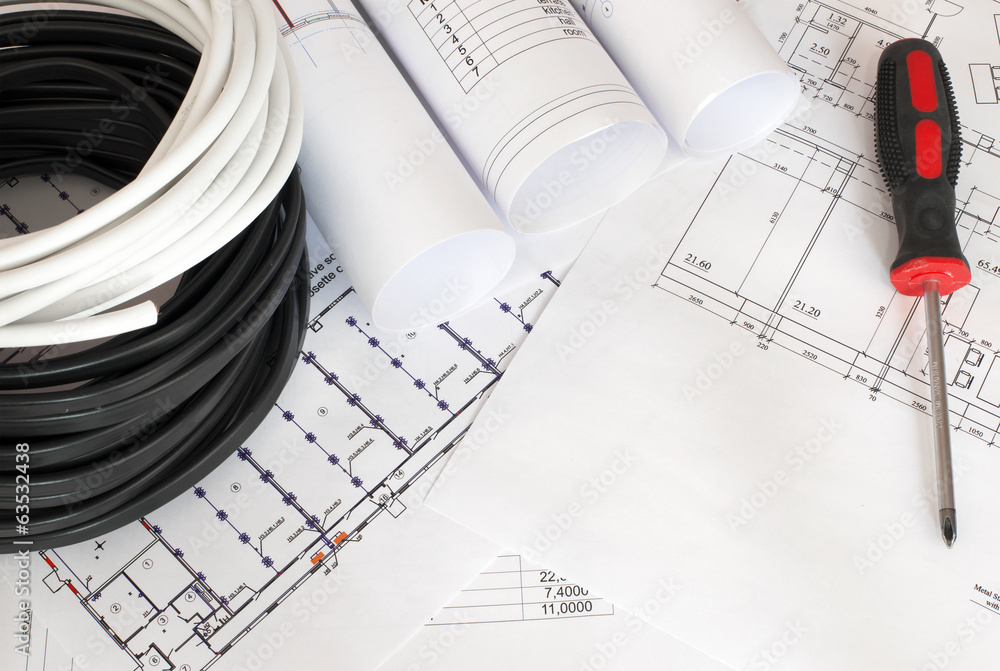 Electrical cable on the construction drawings Stock Photo | Adobe Stock
