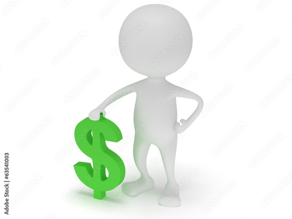 3d white man stand with green dollar sign 3d white man stand with green dollar sign