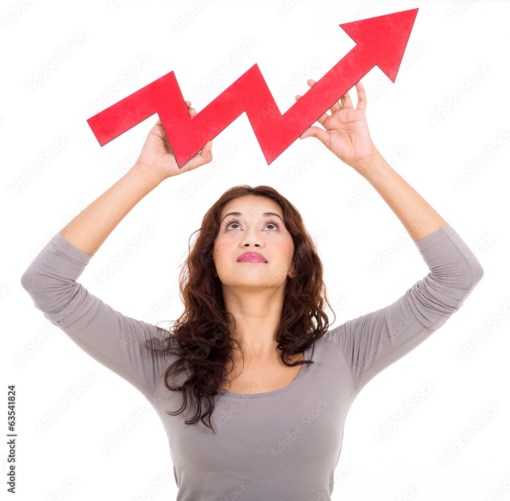 young lady holding stock arrow young lady holding stock arrow