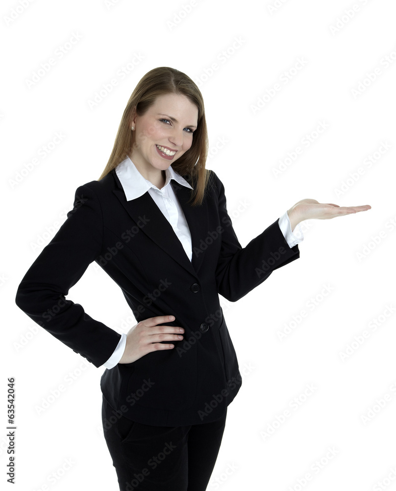 Business woman presenting something on the right side Business woman presenting something on the right side