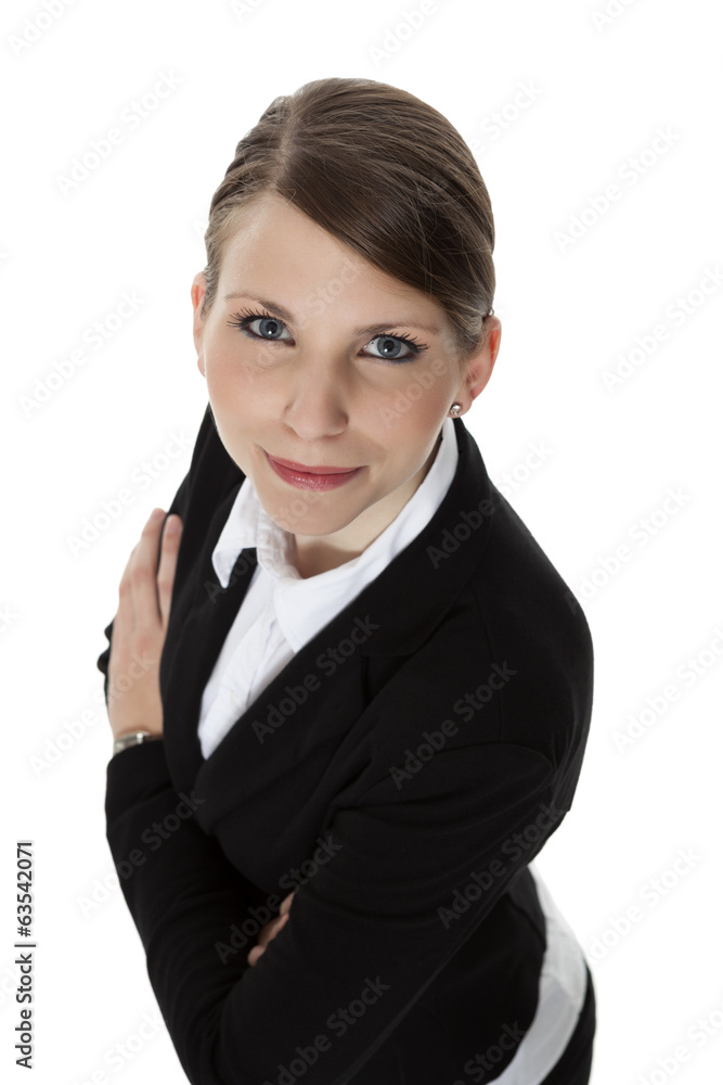 Portrait of a smiling young businesswoman from above Portrait of a smiling young businesswoman from above