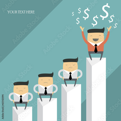 Happy successful businessman on top of the chart. Group of businessmen, cartoon characters. Vector illustration.