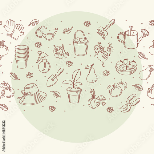 Vector seamless border of garden tools, vegetables and fruits.