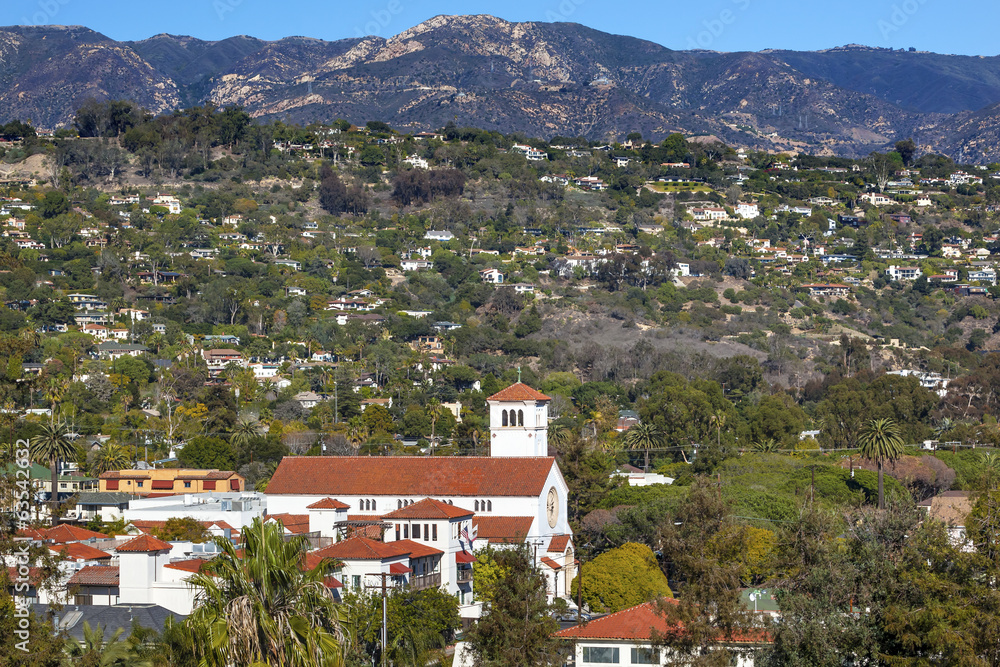 Fototapeta premium White Adobe Methodist Church Houses Santa Barbara California