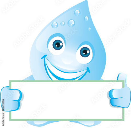 Lachender Wassertropfen zeigt leeres Schild