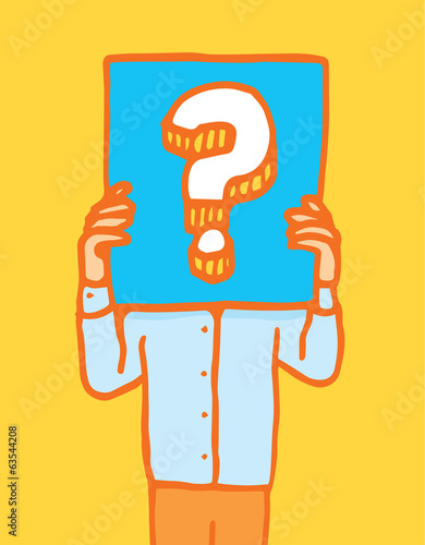 Holding a sign with question mark