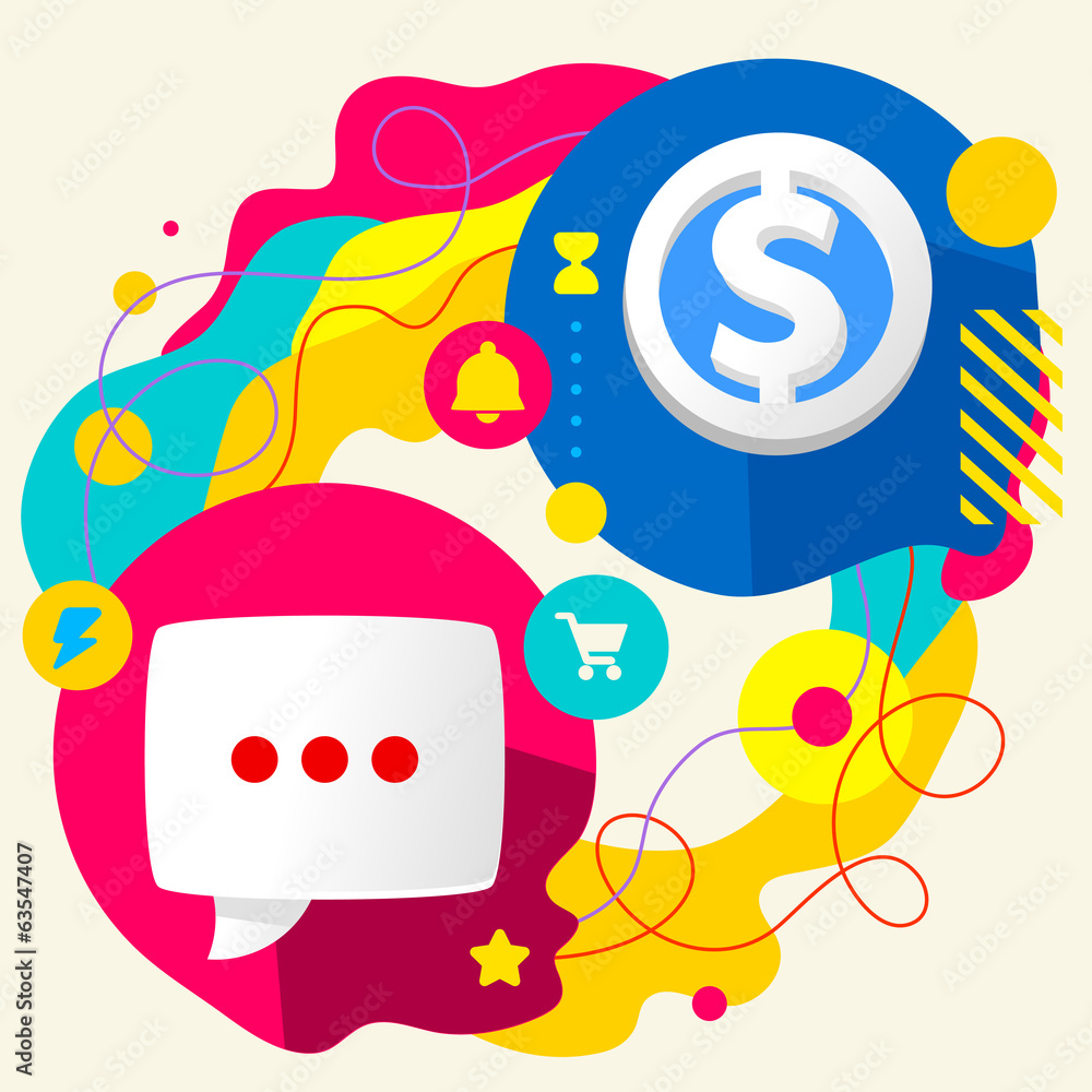 Speech bubble and dollar sign on abstract colorful splashes back Speech bubble and dollar sign on abstract colorful splashes back