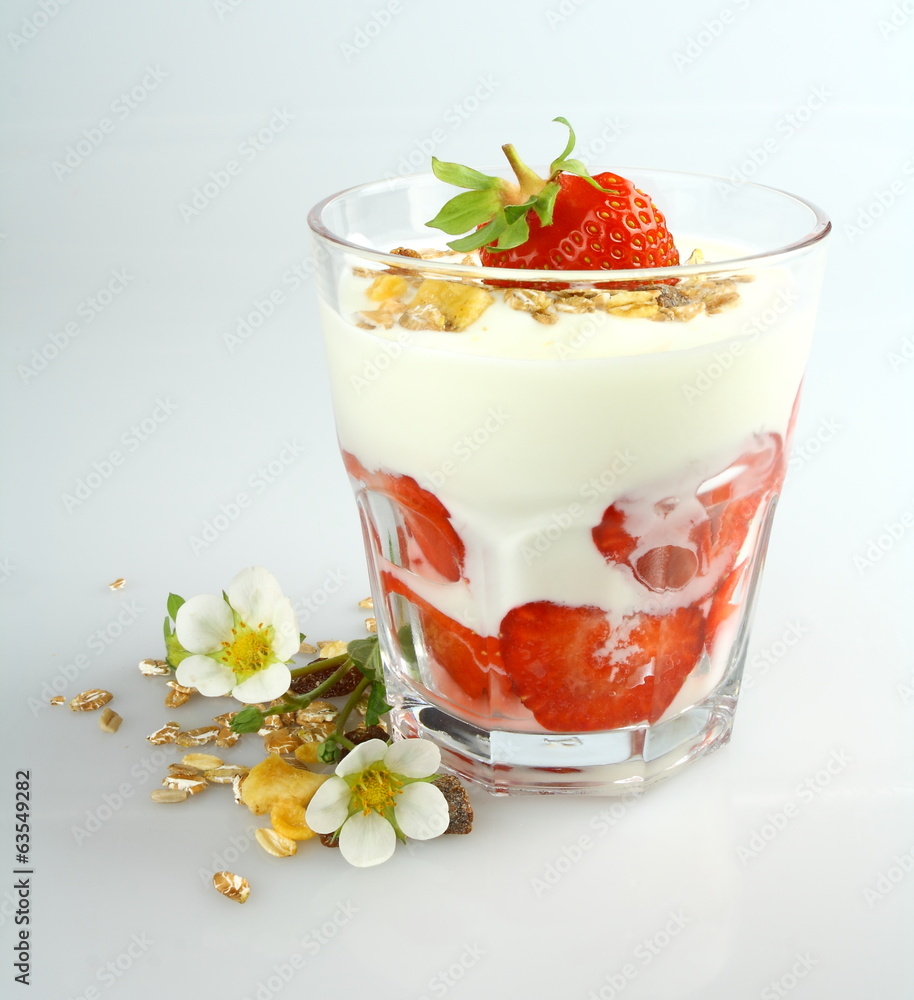 Yogurt with strawberry and cereal in glass Yogurt with strawberry and cereal in glass