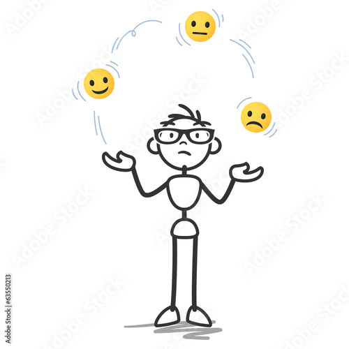 Stick man, stick figure juggling happy sad neutral faces