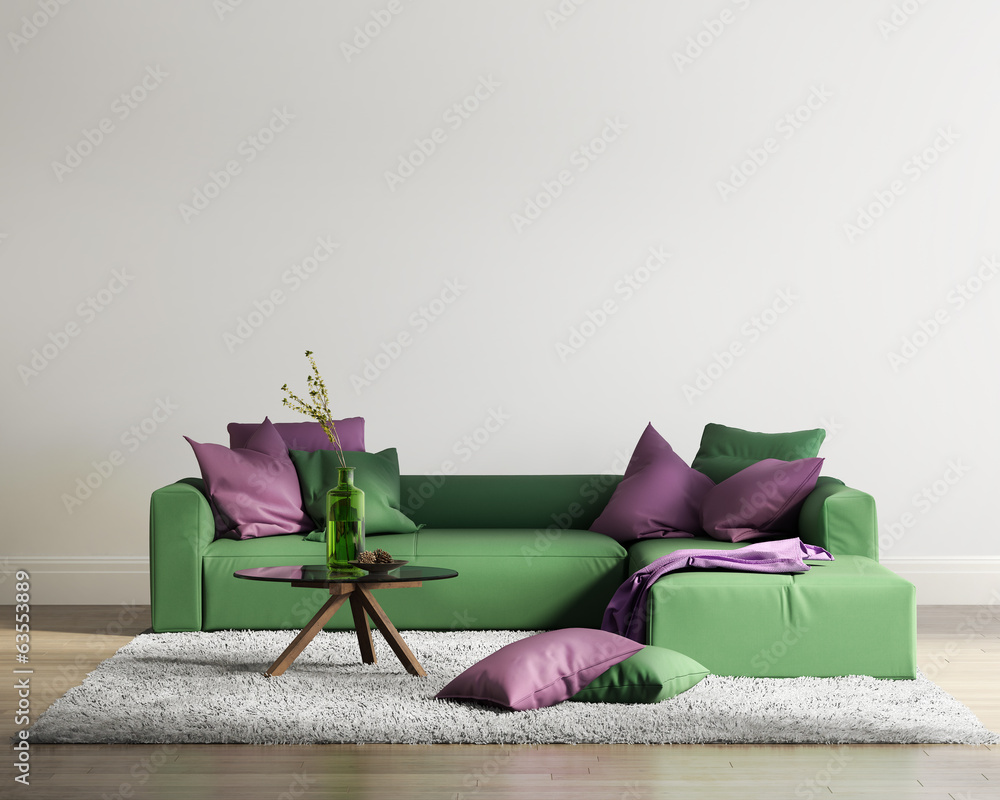 Elegant contemporary fresh interior with green sofa - obrazy, fototapety, plakaty 