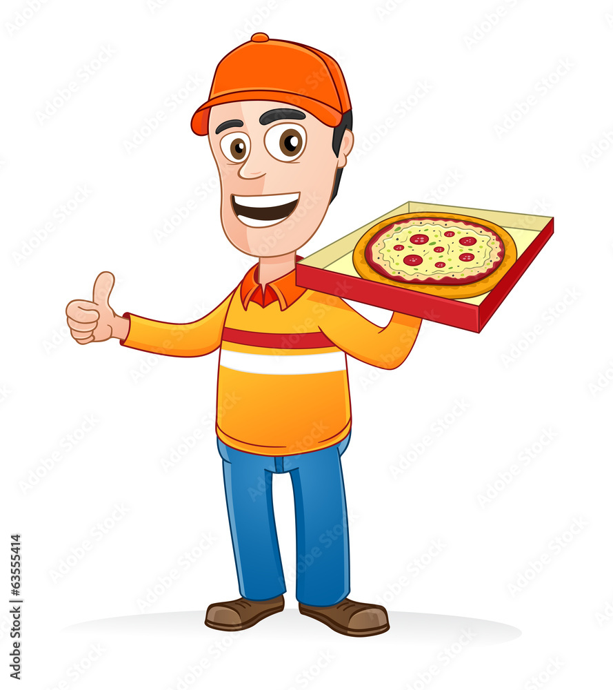 Pizza delivery man holding pizza box and showing thumbs up Pizza delivery man holding pizza box and showing thumbs up