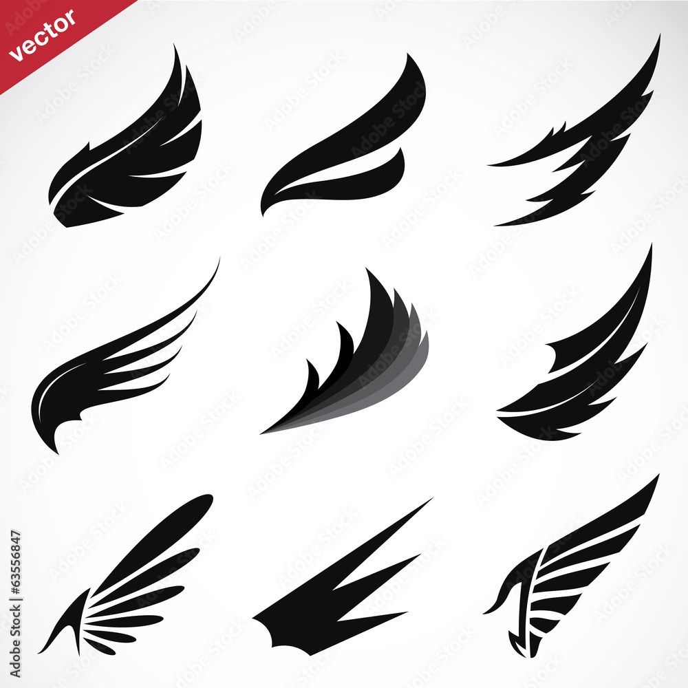 Vector black wing icons set on white background. Vector black wing icons set on white background.