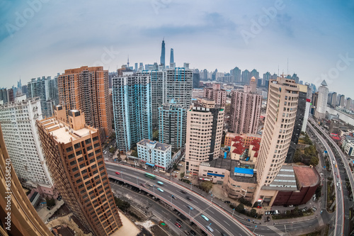 modern city with fisheye view in shanghai