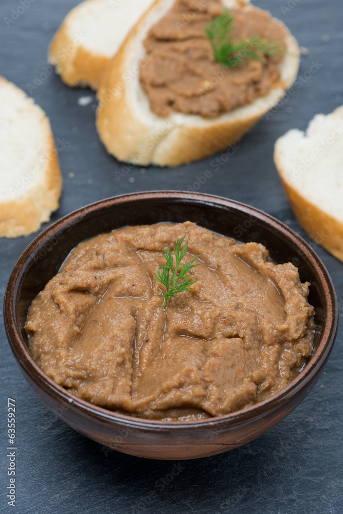 pate of chicken liver and roasted peppers in a bowl, vertical pate of chicken liver and roasted peppers in a bowl, vertical