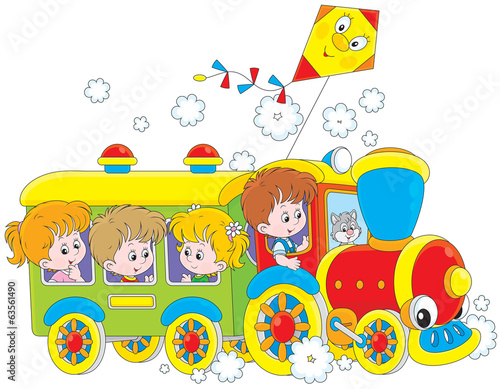Little girls and boys riding on a toy train
