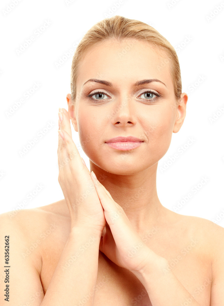 Beautiful woman's face on white background close-up Beautiful woman's face on white background close-up
