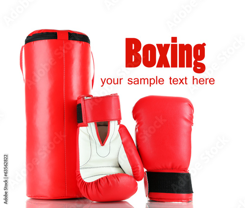 Fotografie Boxing gloves and punching bag, isolated on white