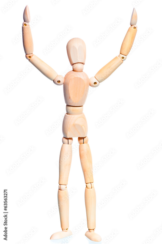 wooden man with hands raised on white background wooden man with hands raised on white background