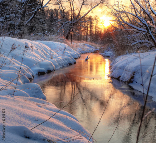 Forest River. winter sunset