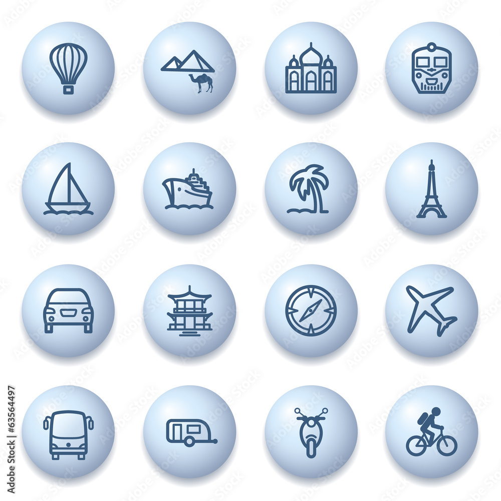 Travel icons on blue buttons.