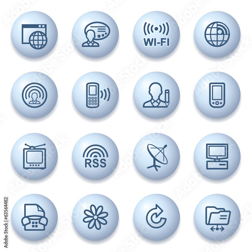 Communication icons on blue buttons.