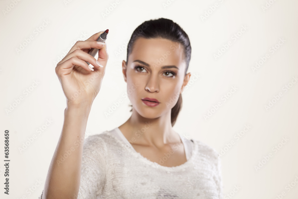 young girl confidently write in the empty space young girl confidently write in the empty space