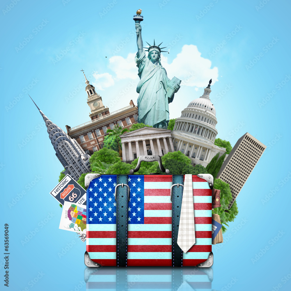 USA, landmarks USA, suitcase and New York - obrazy, fototapety, plakaty 